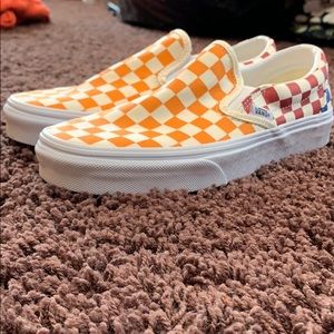 Checkered orange,red, and blue vans